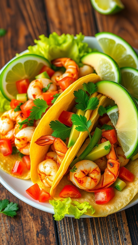 Optavia Lean and Green Shrimp Tacos Recipe Shrimp tacos with lettuce, tomatoes, avocado, cilantro, and lime on a rustic wooden table.